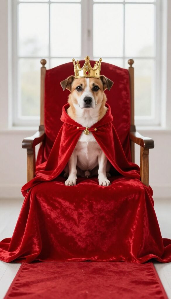 Small dog wearing a crown and cape sitting on a velvet-draped throne with a red carpet, royal paws ball birthday theme.
