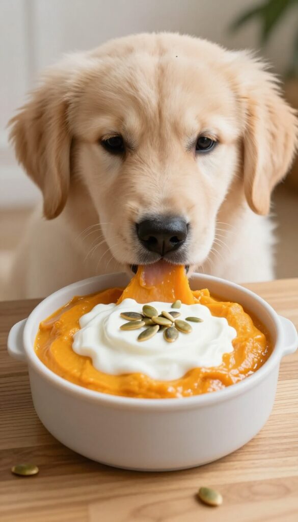 Frozen pumpkin and Greek yogurt dog enrichment bowl with a puppy licking it