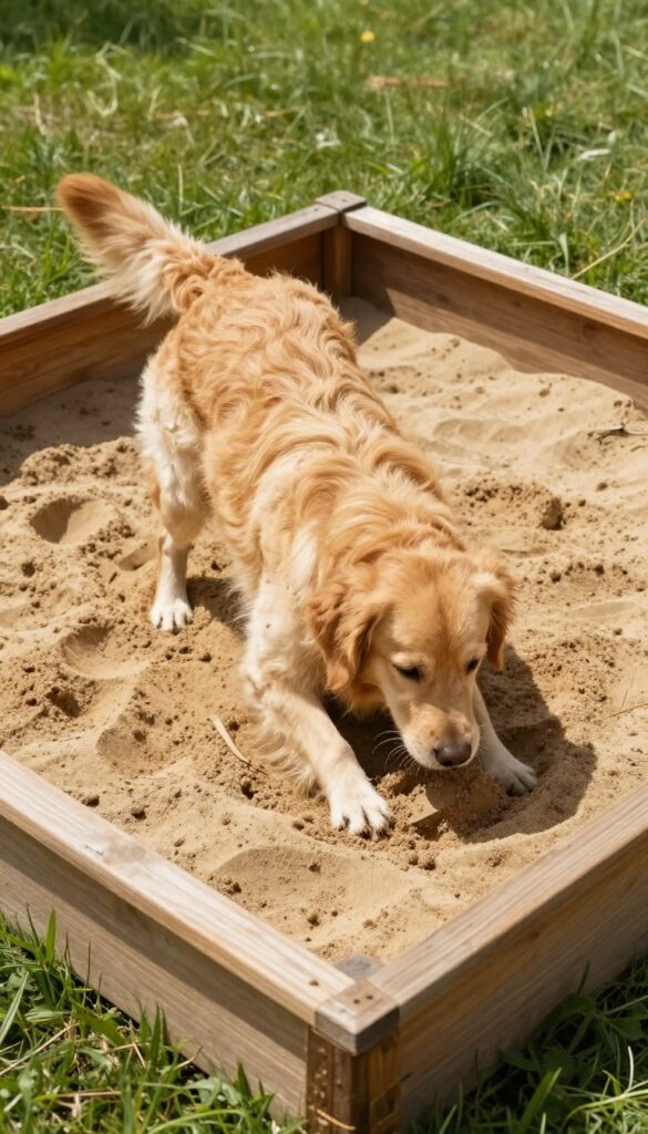 Dog digging in a sand pit in a backyard, contained in a wooden frame, with bright natural light and green grass.