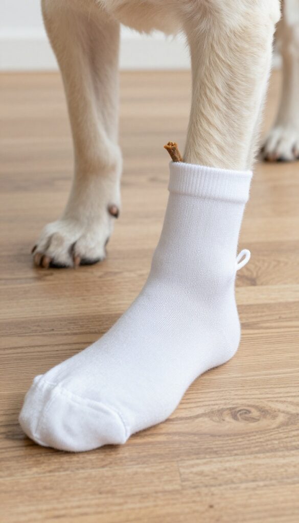 Dog solving a sock ball puzzle by untying a knot to get a treat