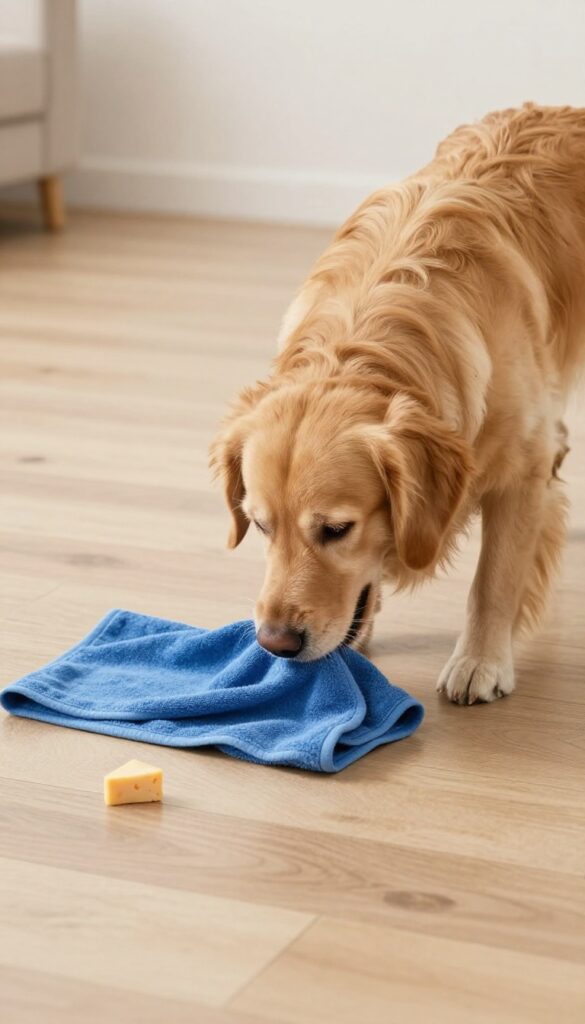 Golden retriever sniffing under a towel for a scent work game
