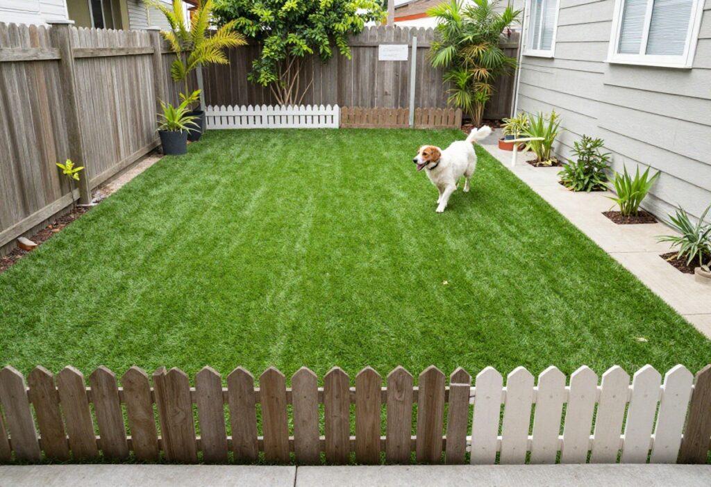A narrow side yard dog run with artificial turf and a happy dog playing