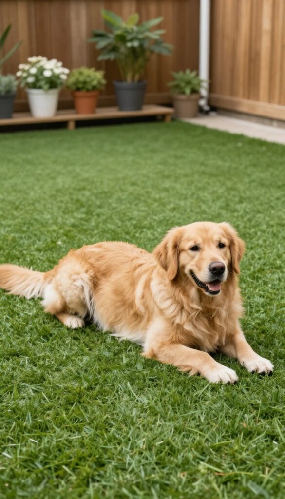 Golden retriever relaxing on artificial turf in a backyard dog run