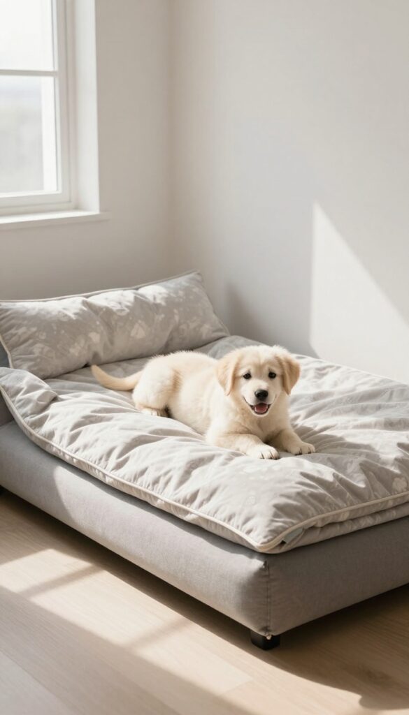 A cozy dog bed with a removable cover and a spare cover folded nearby, with a puppy resting on the bed in bright natural light.