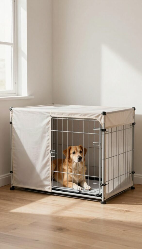 Dog crate with privacy cover and open front, dog looking out