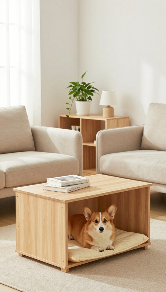 A dog crate styled as a side table with a lamp, plant, and books on top, and a Corgi resting inside.