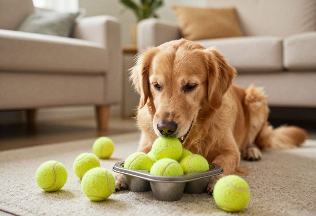 Golden retriever playing with a DIY muffin tin puzzle on a rug