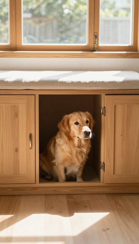 Under-window bench kennel with a dog peeking out, blending into a bright living room