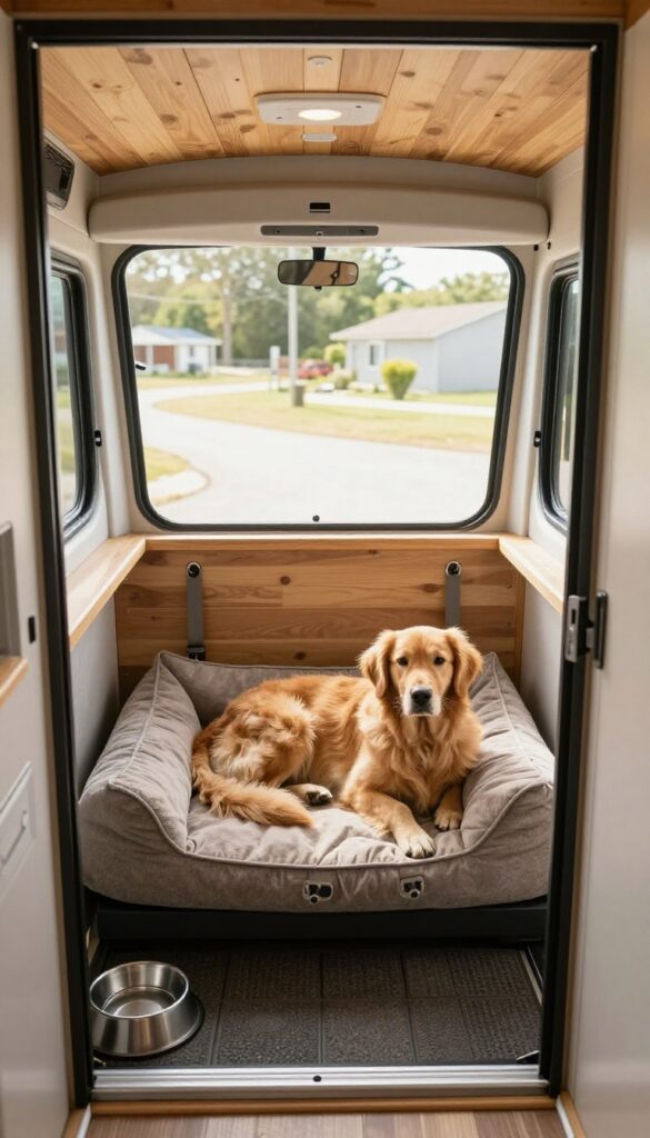 A small dog resting in a cozy cab-over kennel nook in an RV, with a soft bed, non-slip mat, and natural light from the windshield.