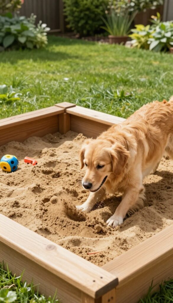 Dog digging in a sand pit in a backyard