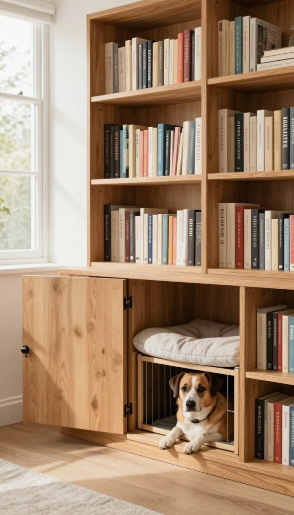 Bookshelf kennel with hidden door, dog peeking out, bright living room, photorealistic