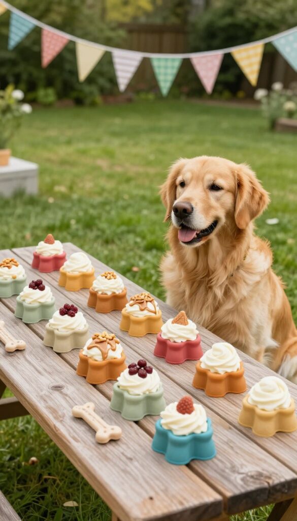 Dog party frozen treats on table with dog watching