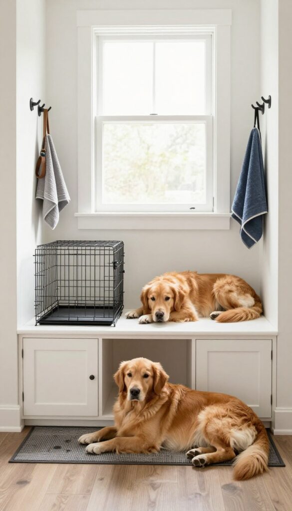 Built-in mudroom dog crate station with bench and storage