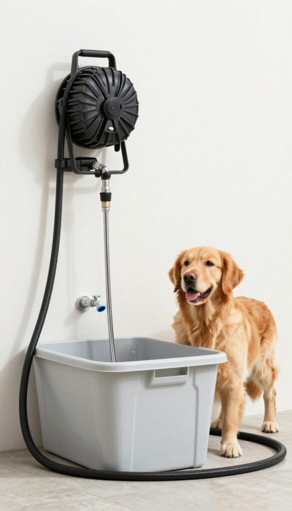 Outdoor mudroom dog wash station with retractable hose and plastic tote basin