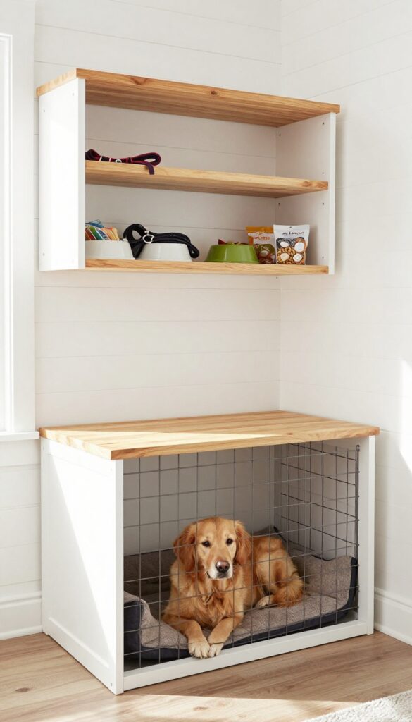 Bench-style dog kennel with storage in a bright mudroom, featuring a hinged top and a dog resting inside.