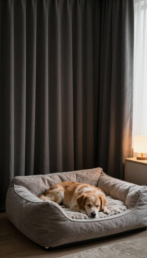 Dog sleeping peacefully in a darkened bedroom with blackout curtains blocking all outside light, creating a cave-like sleep environment.