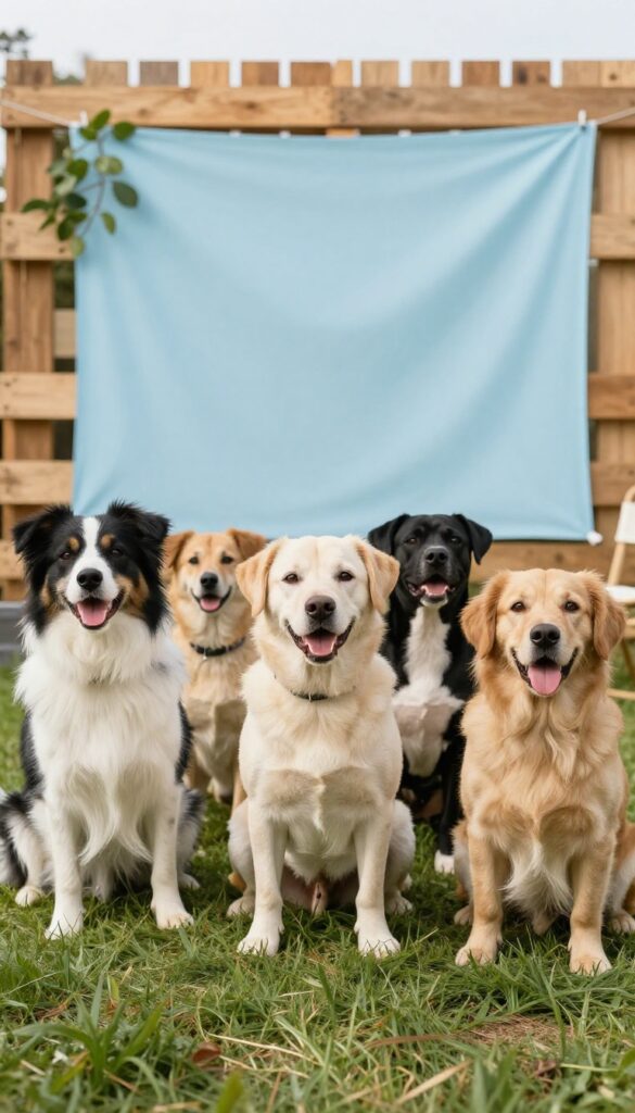 Group of dogs posing for a photo in front of a wooden pallet backdrop with a fabric banner in a sunny backyard