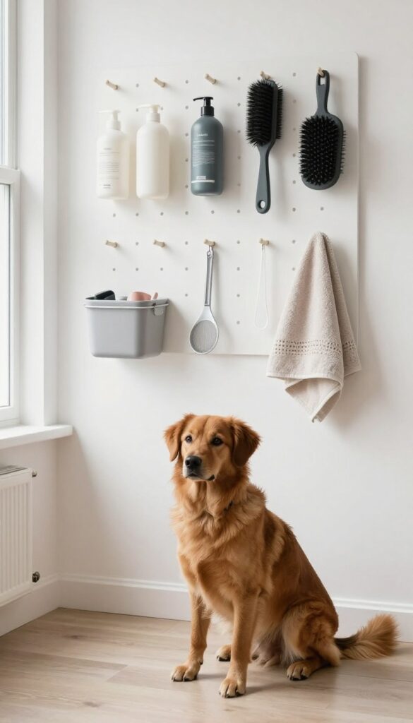 Wall-mounted pegboard with dog grooming supplies in a bright utility room