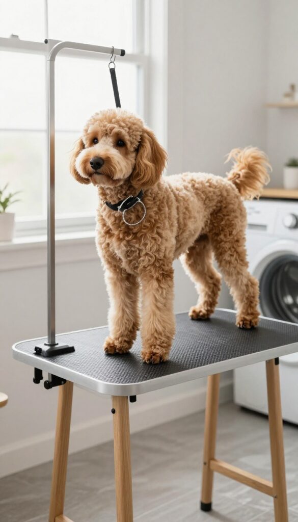 A raised grooming table with a non-slip surface in a laundry room, with a golden doodle standing on it, ready for a bath.