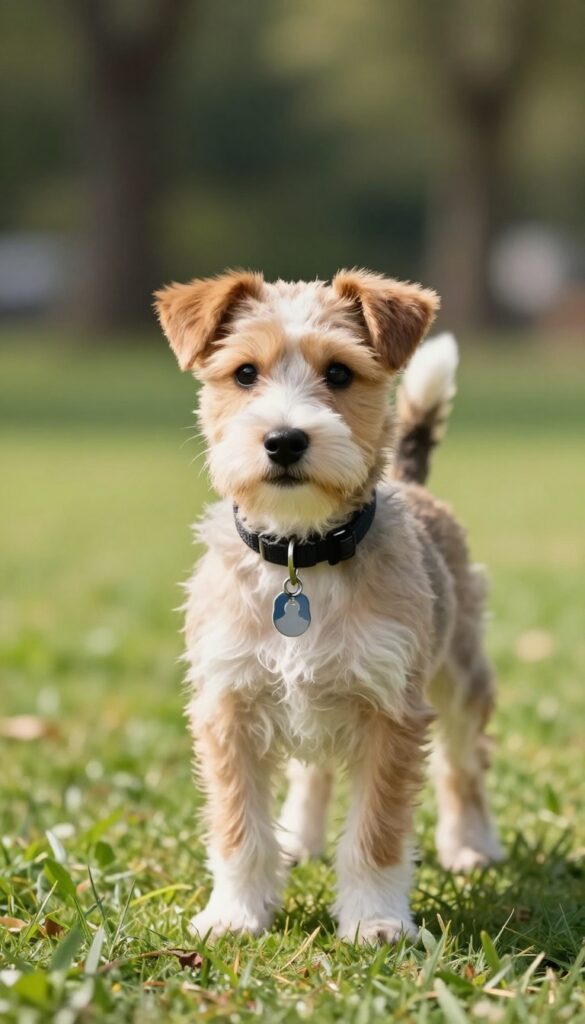 A small terrier puppy jumping playfully in a grassy park with a collar and metal tag.
