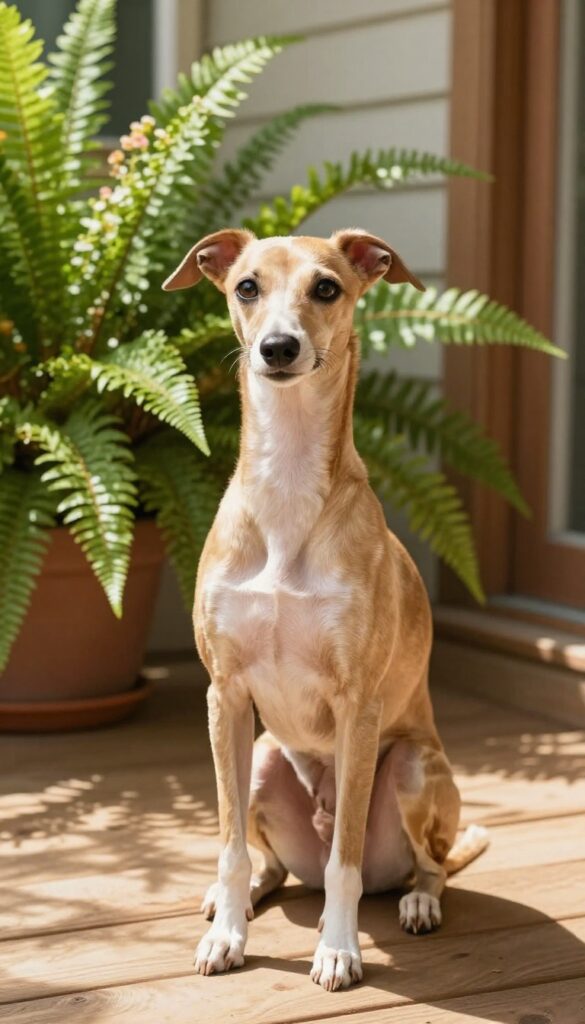 A graceful dog sitting on a sunlit porch surrounded by ferns and wildflowers, embodying the name Wren's quiet charm and natural vibe.