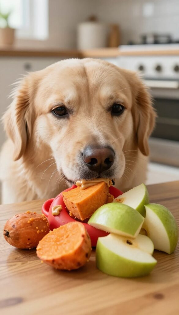 Dog sniffing a Kong stuffed with sweet potato and apple chunks