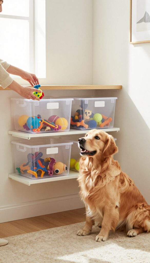 Clear bins on a low shelf organize dog toys by type, with a golden retriever watching eagerly.
