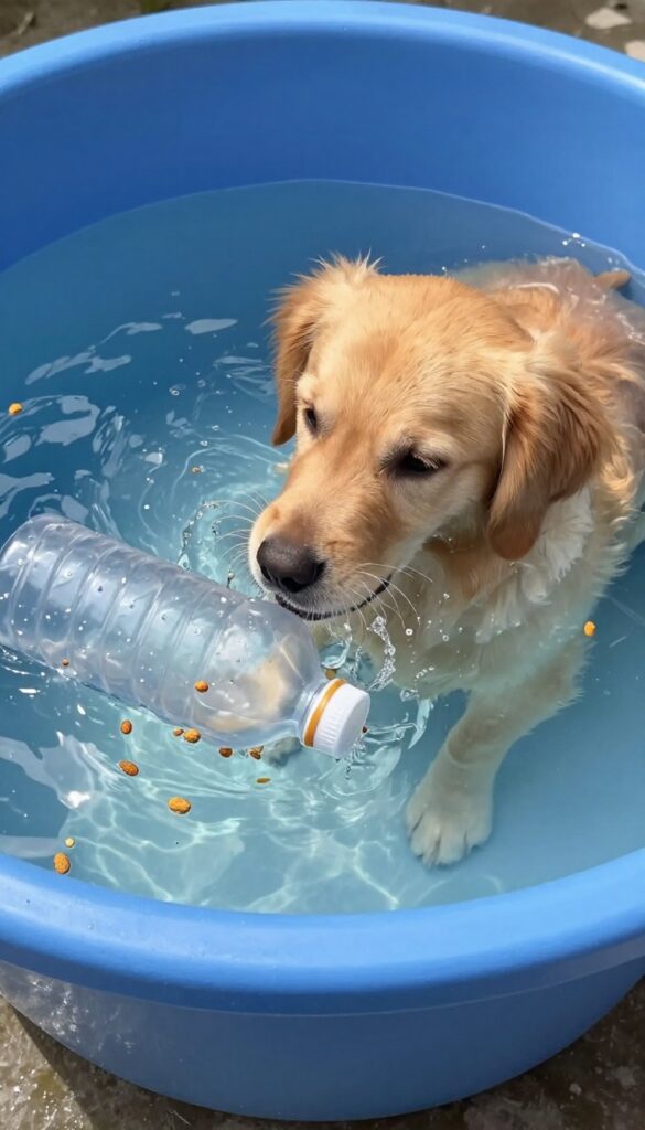 Golden retriever playing with a floating kibble bottle in a water tub
