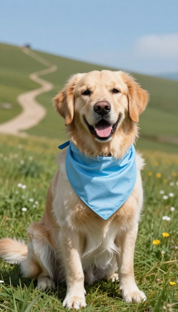 Golden retriever wearing a cooling bandana on a sunny hiking trip