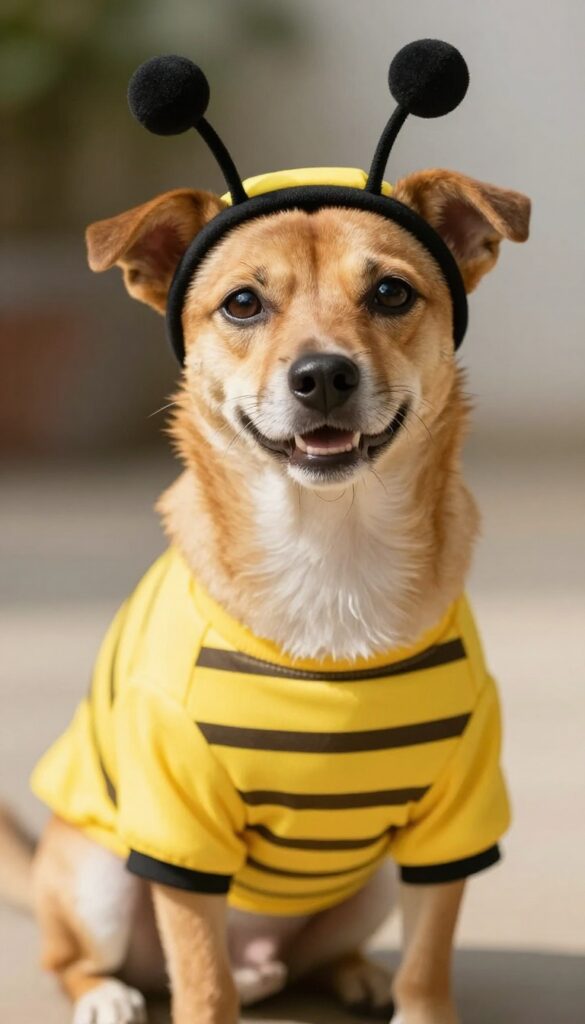 Small dog wearing a yellow and black striped bee costume with antennae, sitting on a yellow background.