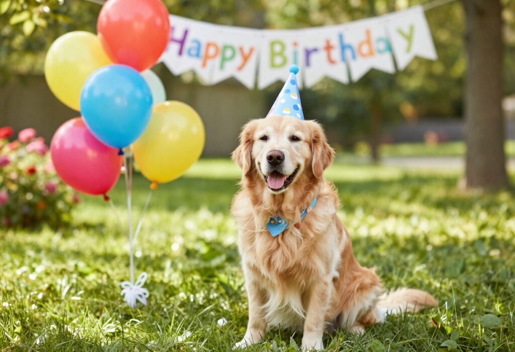 Golden retriever wearing a party hat and bandana at a dog birthday party with balloons and banner.