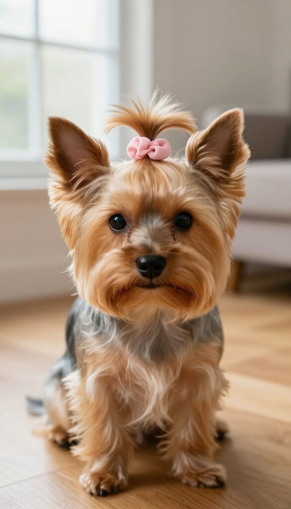 Small long-haired dog with pink scrunchie topknot in bright natural light