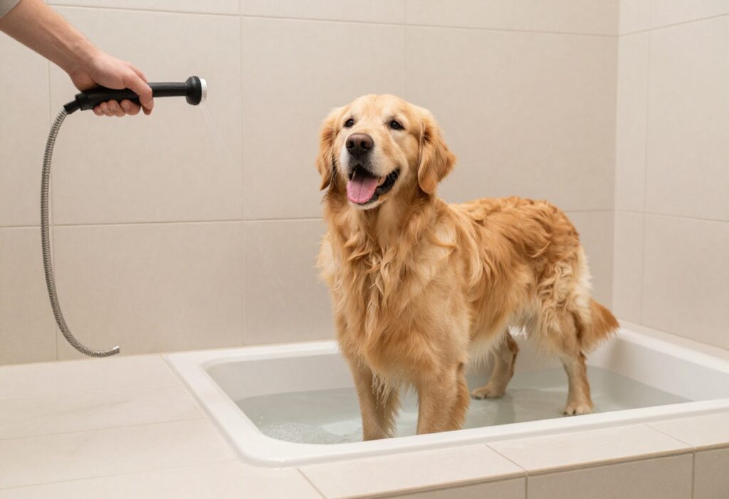 A golden retriever standing in a tiled DIY dog wash station with a handheld sprayer and shampoo bottles nearby.