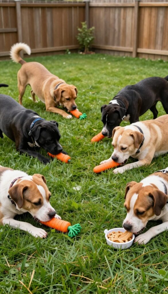 Dogs chewing on a variety of toys and bones at a backyard party