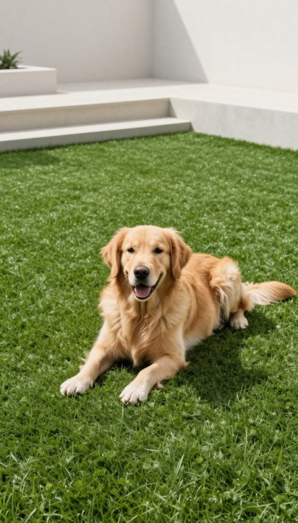 Lush artificial turf lawn with a golden retriever lying on it in a sunny backyard