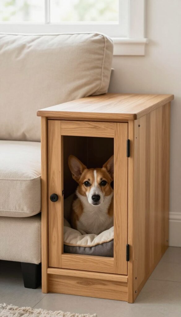 Built-in bench kennel with a dog peeking out, cozy living room setting