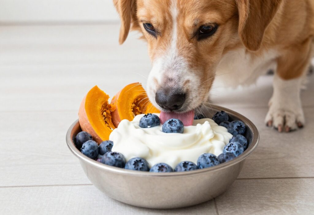 Dog licking a frozen enrichment bowl with blueberries and yogurt