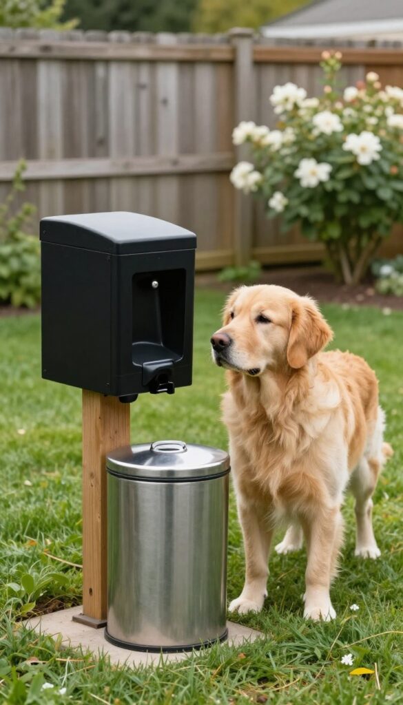 Poop station in backyard with bag dispenser and lidded trash can, dog nearby
