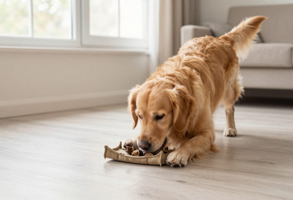 Golden retriever using a snuffle mat for enrichment on a living room floor