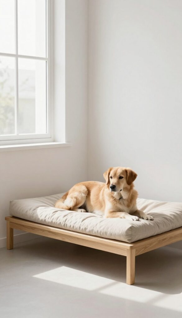 Minimalist wooden platform dog bed with beige cushion near window in modern living room