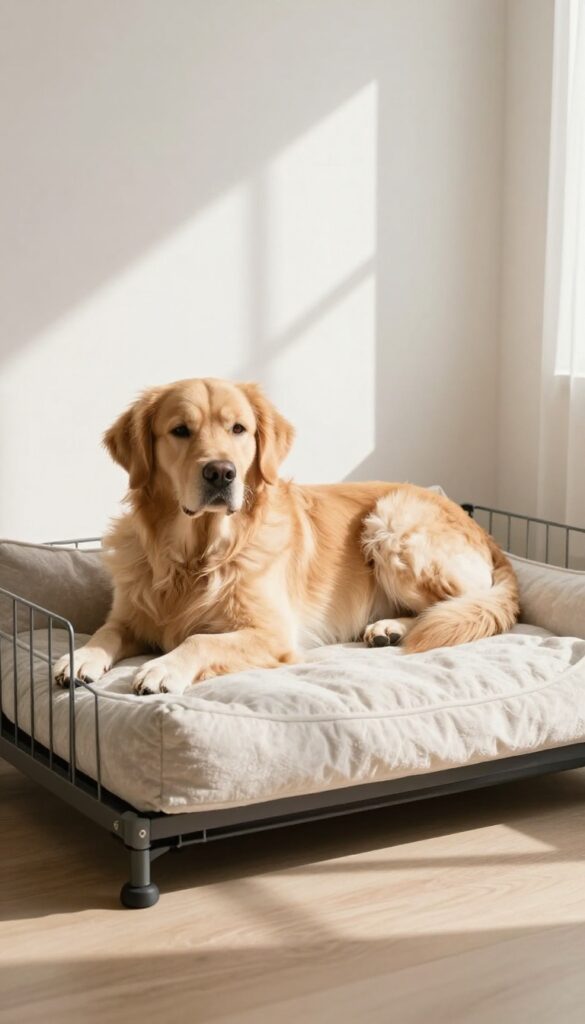 Plush washable dog bed inside a crate with a Golden Retriever sleeping comfortably