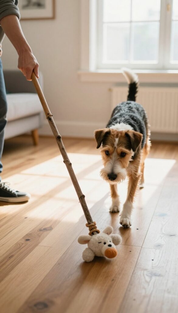 Dog chasing a DIY flirt pole toy in a bright living room