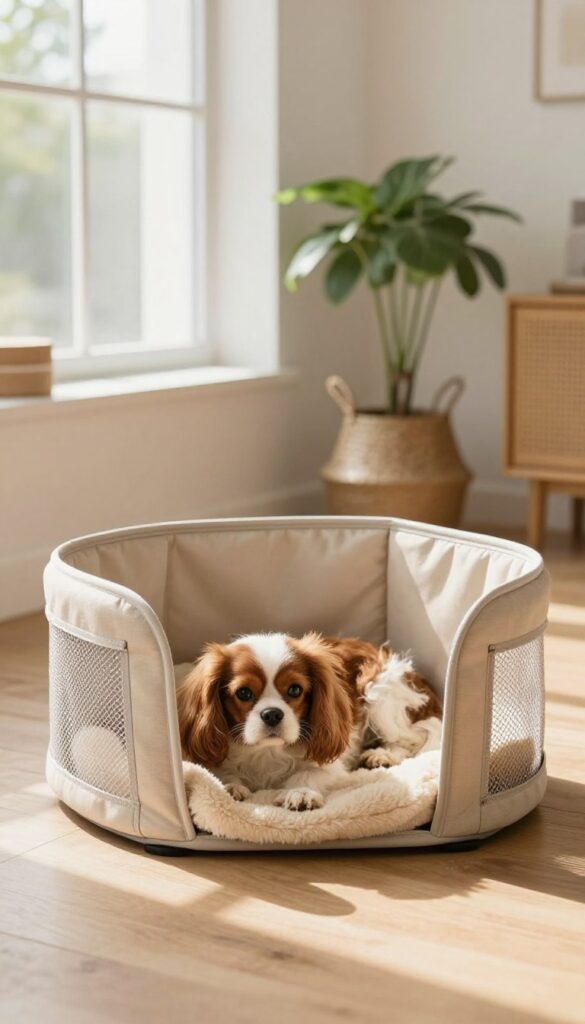 A small dog resting inside a portable soft-sided kennel in a bright, cozy living room.