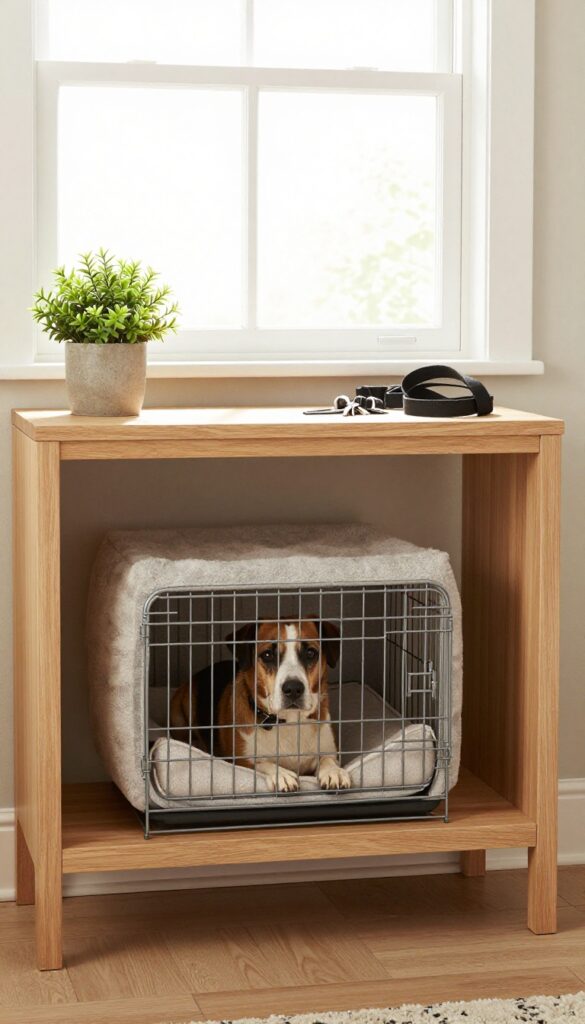 Console table with dog crate underneath, entryway decor, natural light