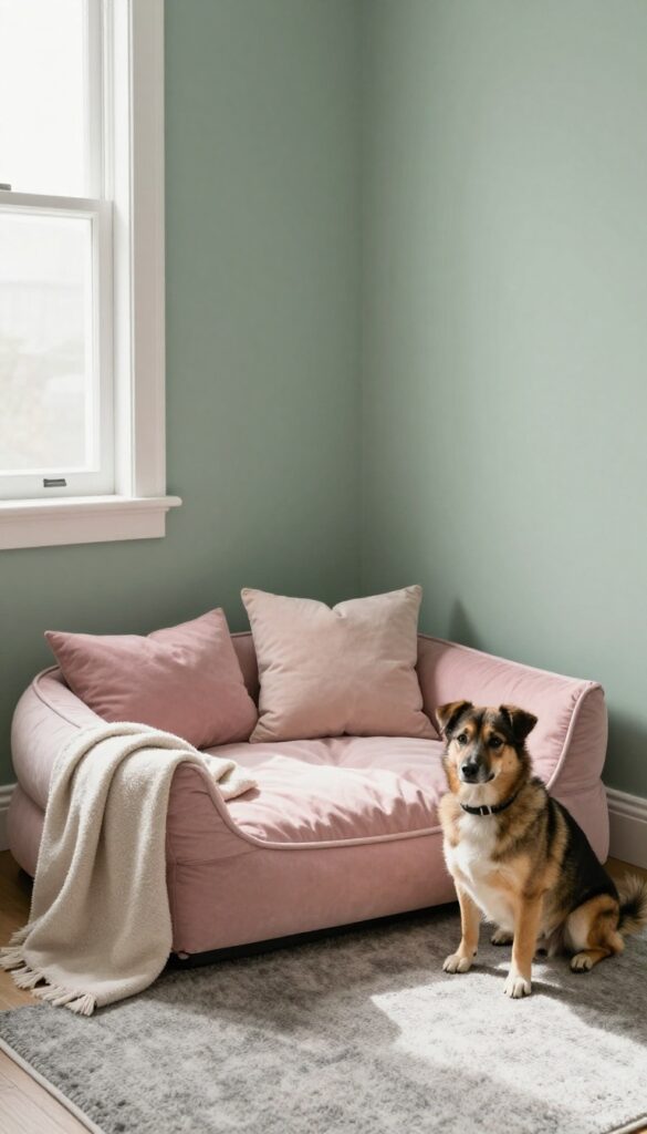 Cozy dog bedroom with sage green wall, blush dog bed, and warm gray rug