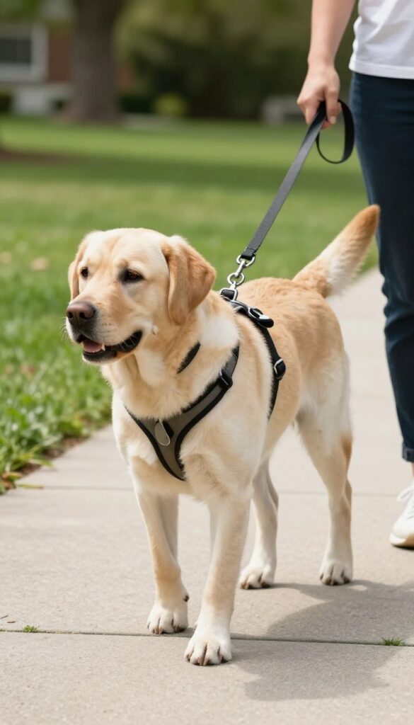 Dog walking calmly on a front-clip harness, leash attached at chest, sunny outdoor setting