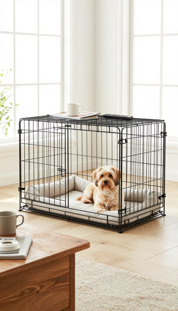 Vintage coffee table converted into a dog crate with a dog resting inside, living room setting.