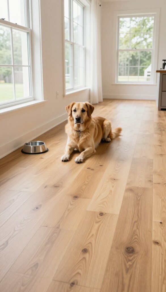 Dog lying on scratch-resistant luxury vinyl plank flooring in a bright living room