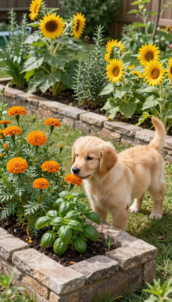 Dog sniffing non-toxic plants in a safe backyard garden with raised beds and stone edging
