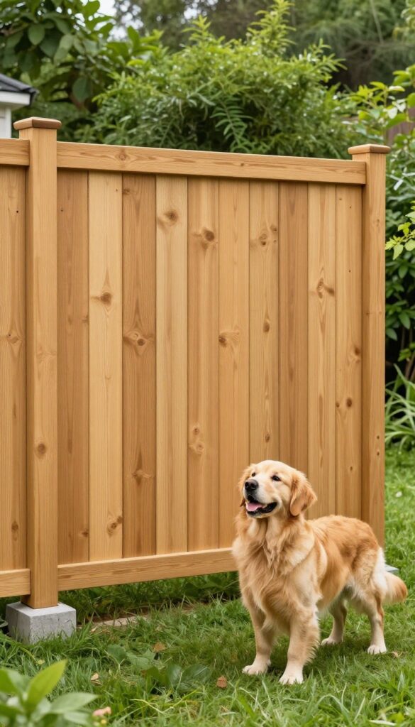 Tall wooden privacy fence in backyard with a golden retriever looking up, no gaps, concrete footer, photorealistic bright daylight.